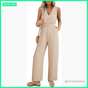 Sleeveless V-Neck Wide Leg Jumpsuit Romper Casual Vacation Outfit
